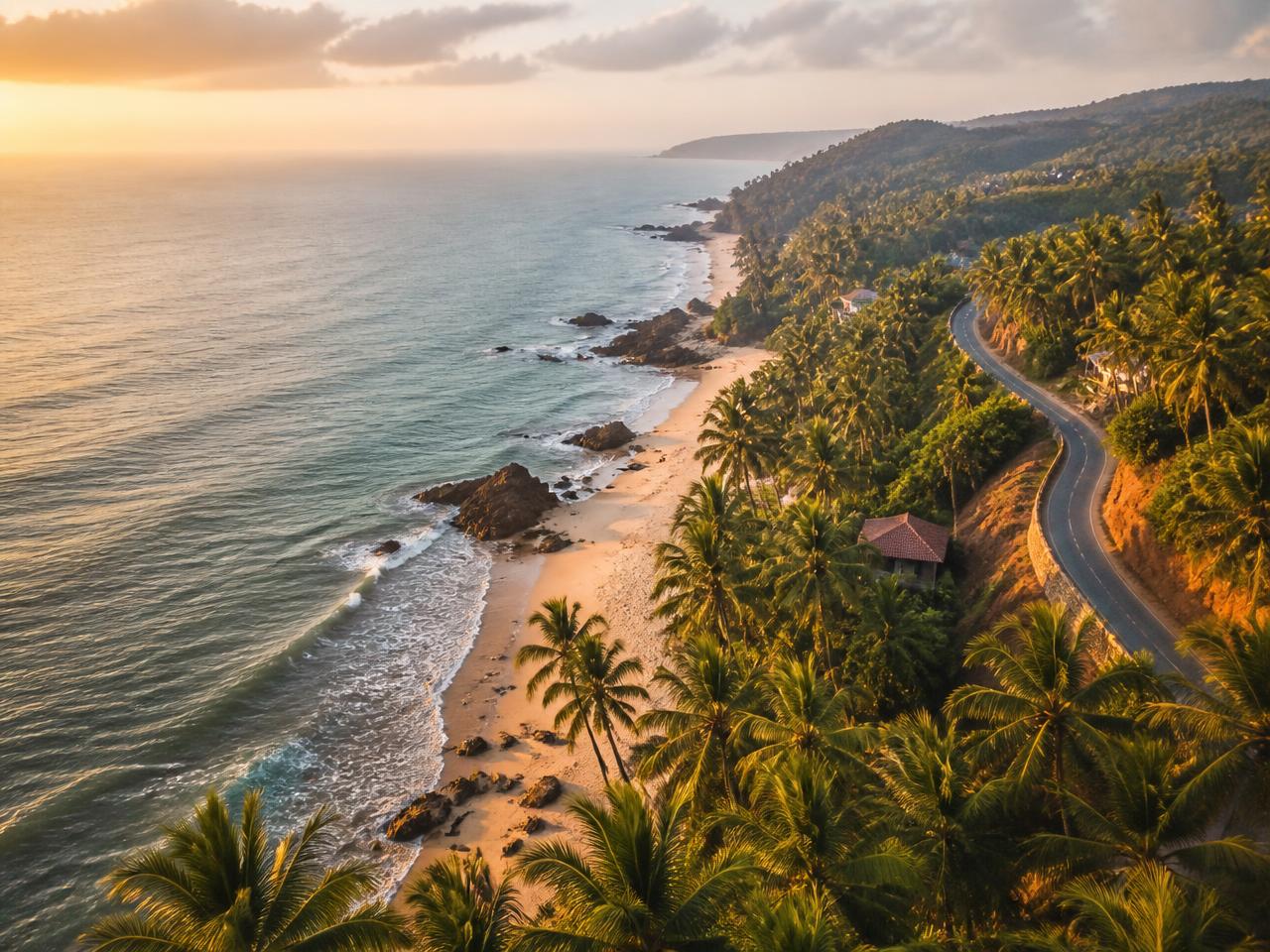 Aerial view of the Goa coastline with palm trees and a coastal road